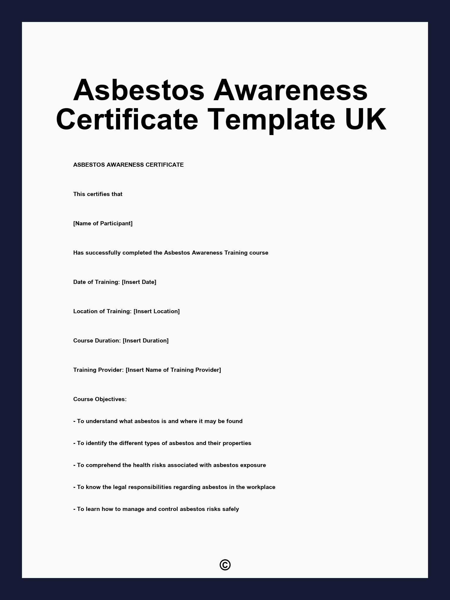 Asbestos Awareness Certificate Template UK