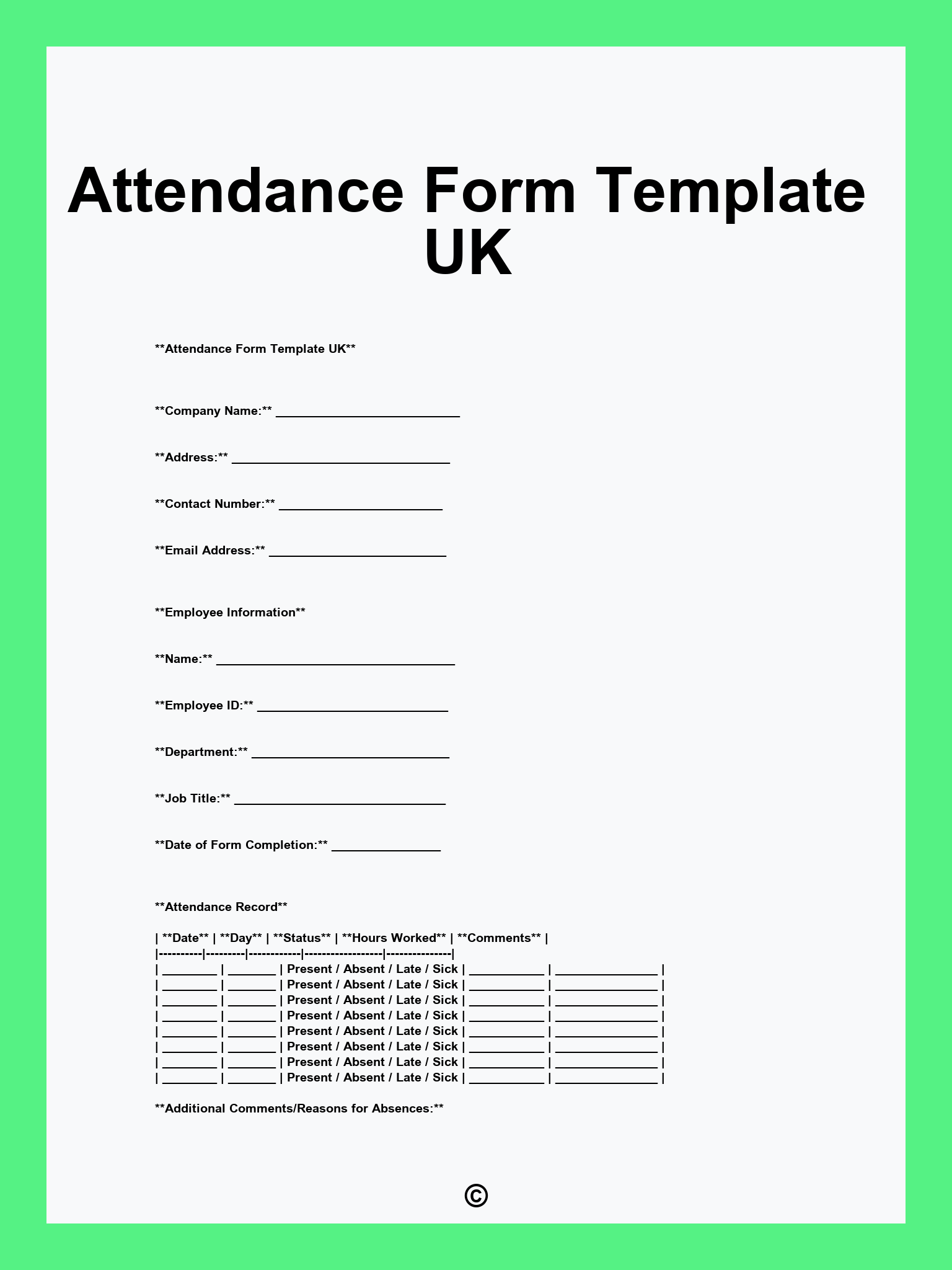 Attendance Form Template UK