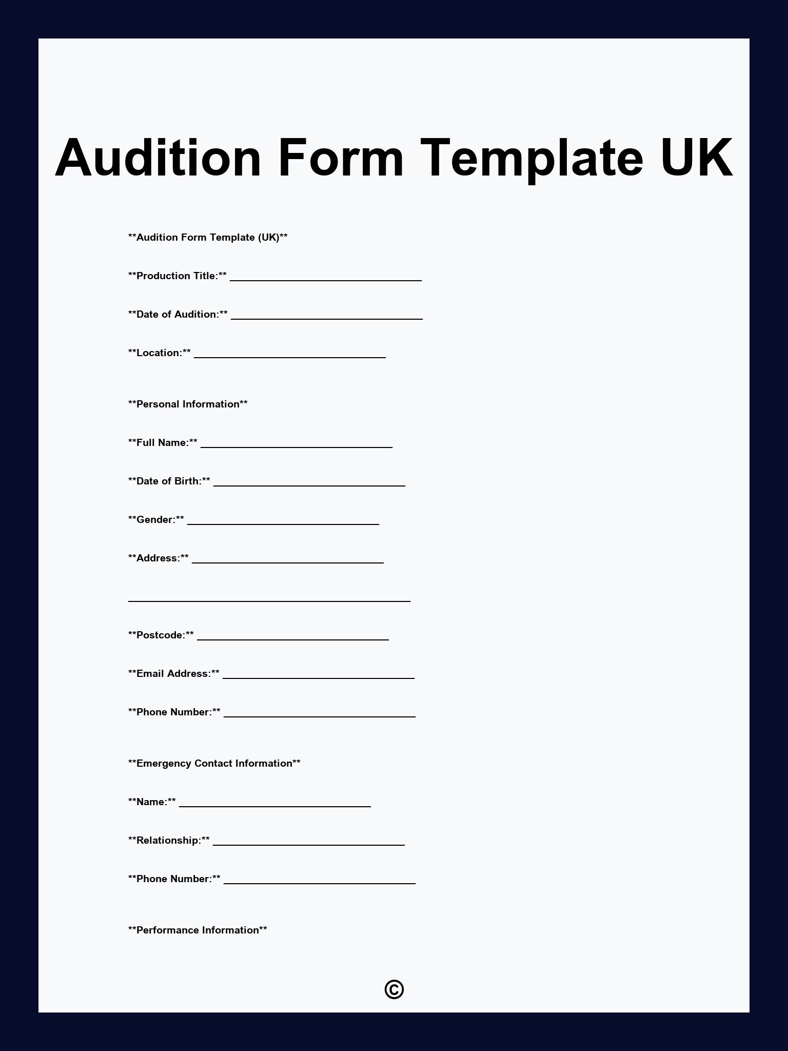Audition Form Template UK