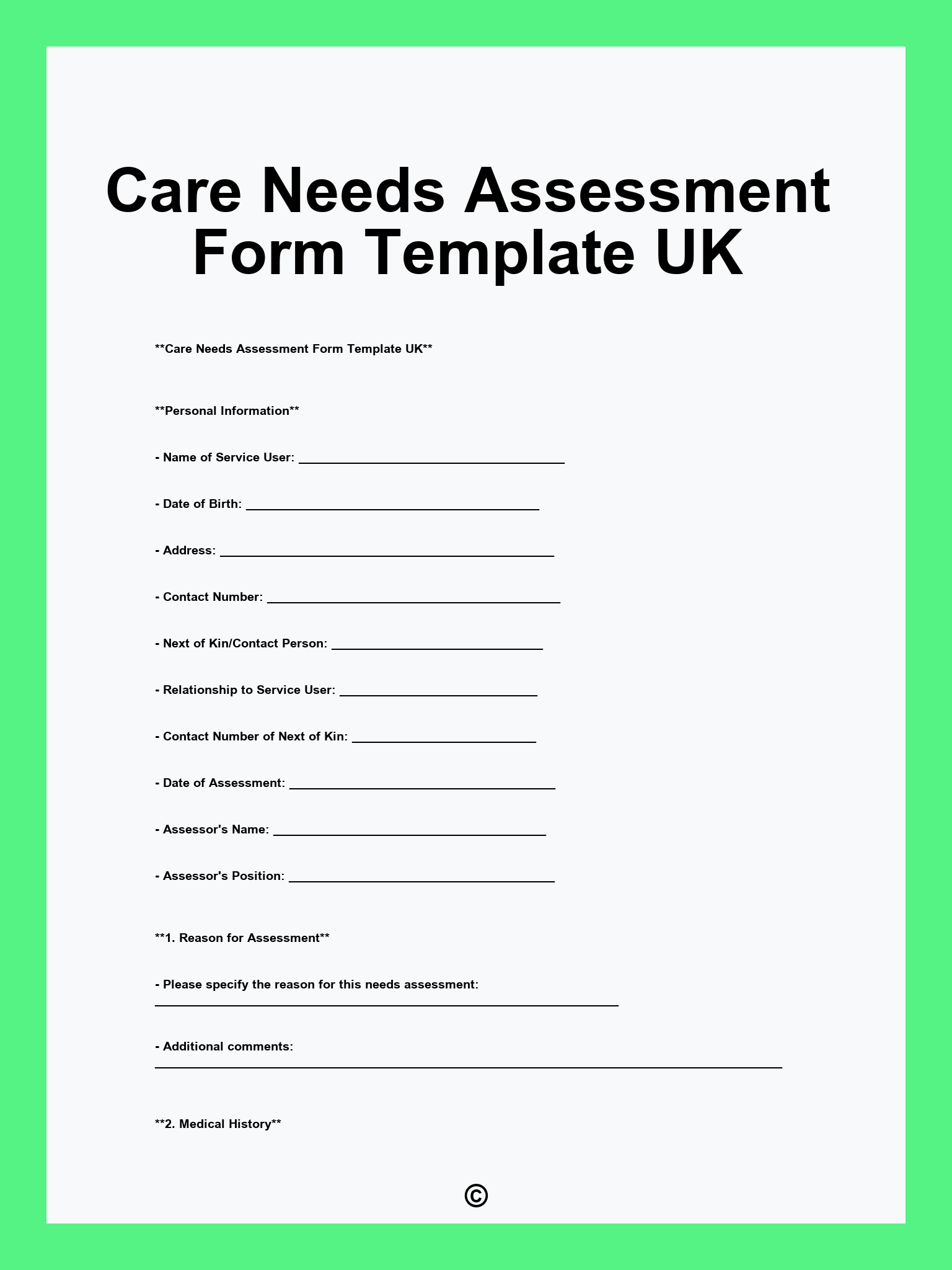 Care Needs Assessment Form Template UK