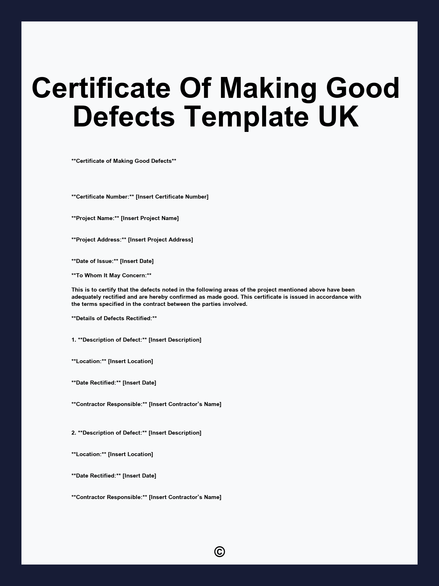 Certificate Of Making Good Defects Template UK