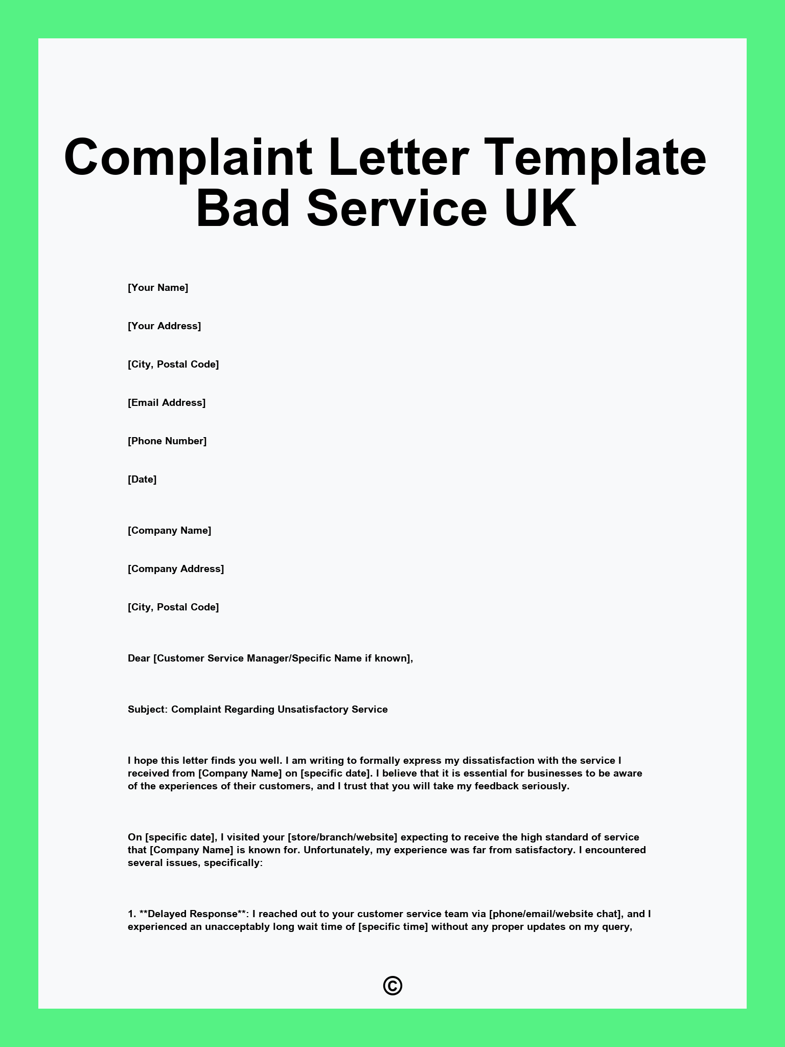 Complaint Letter Template Bad Service UK