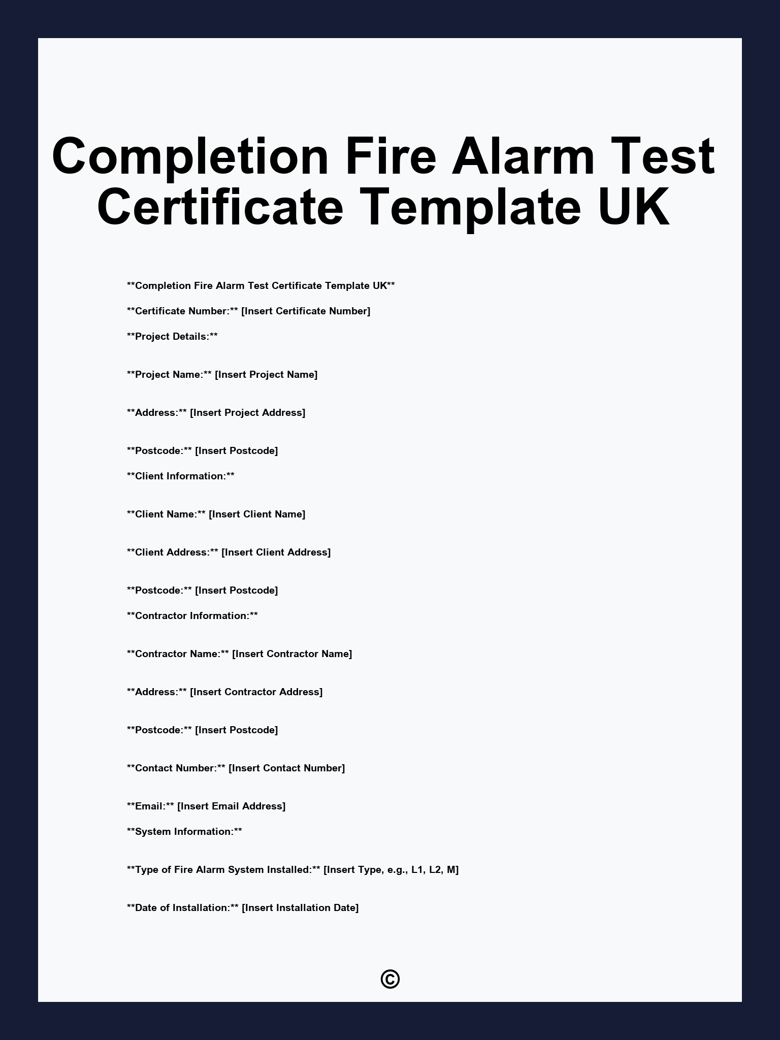 Completion Fire Alarm Test Certificate Template UK