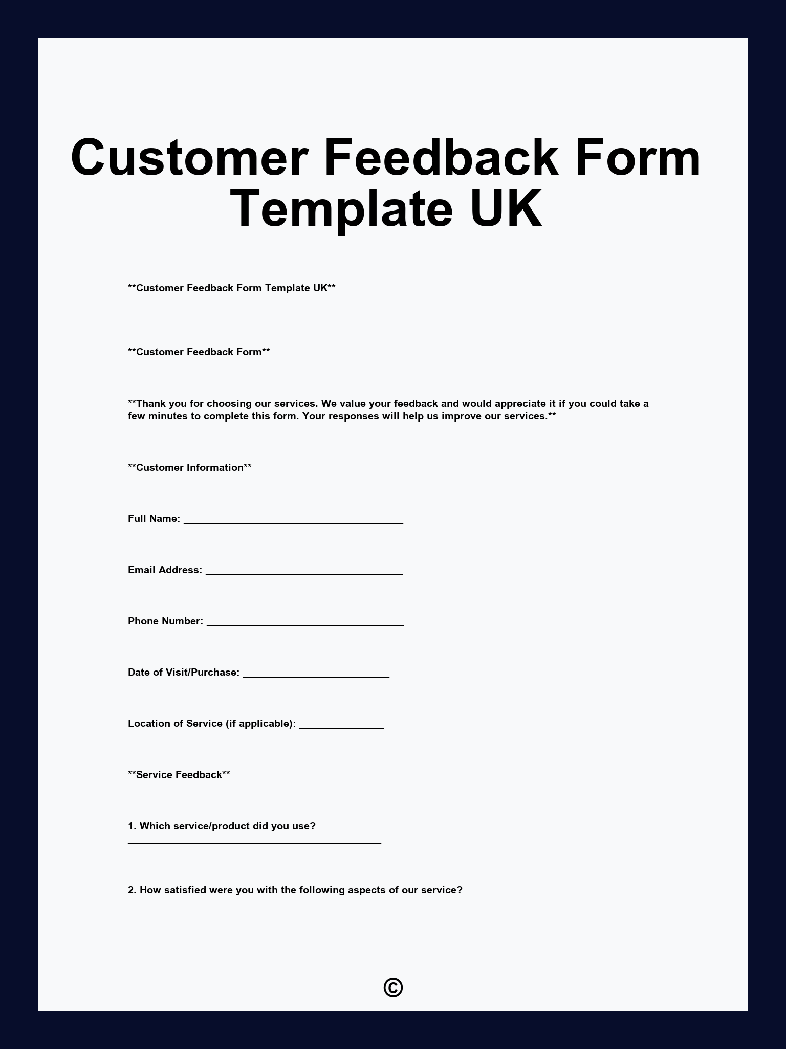 Customer Feedback Form Template UK