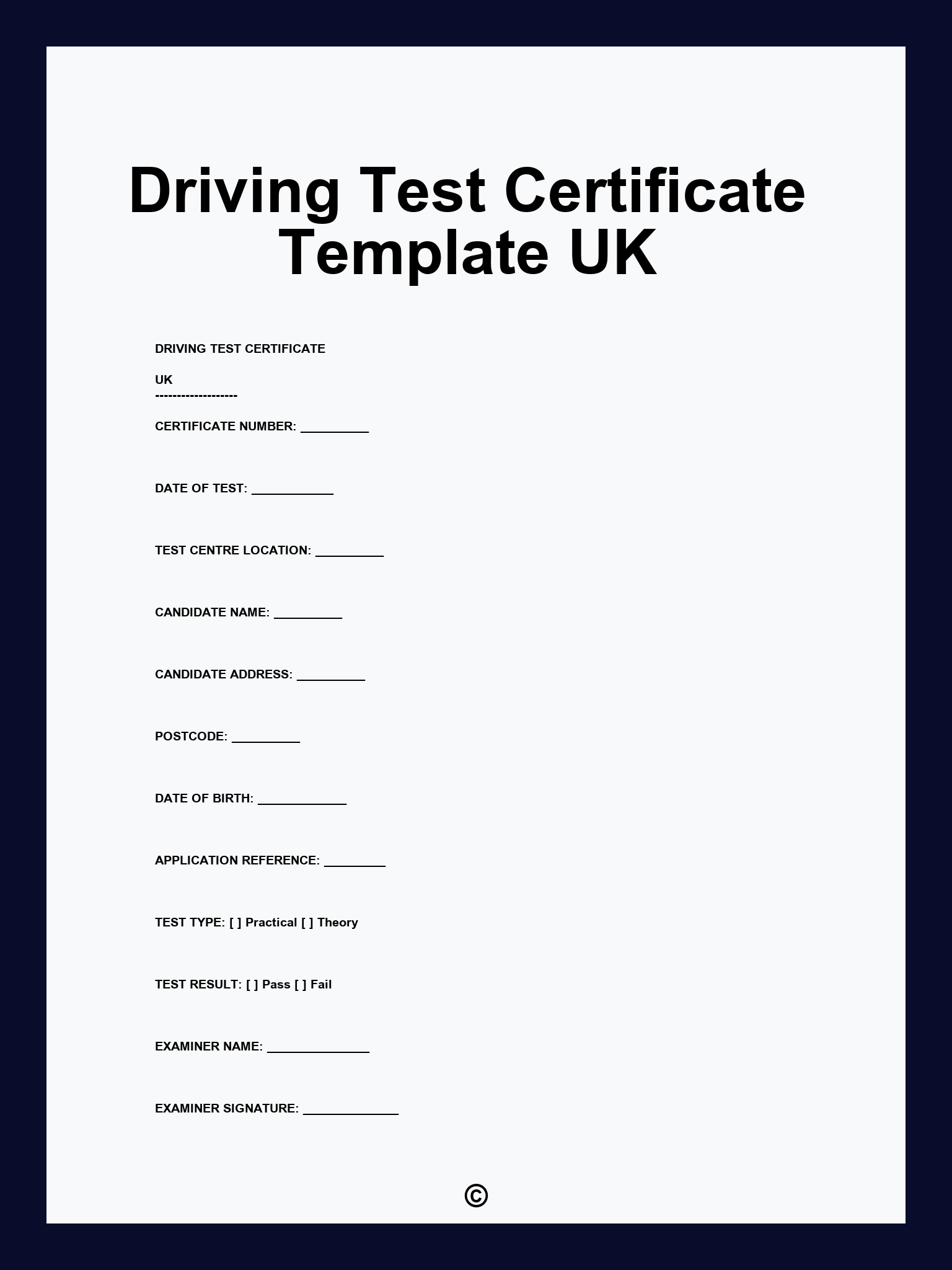 Driving Test Certificate Template UK
