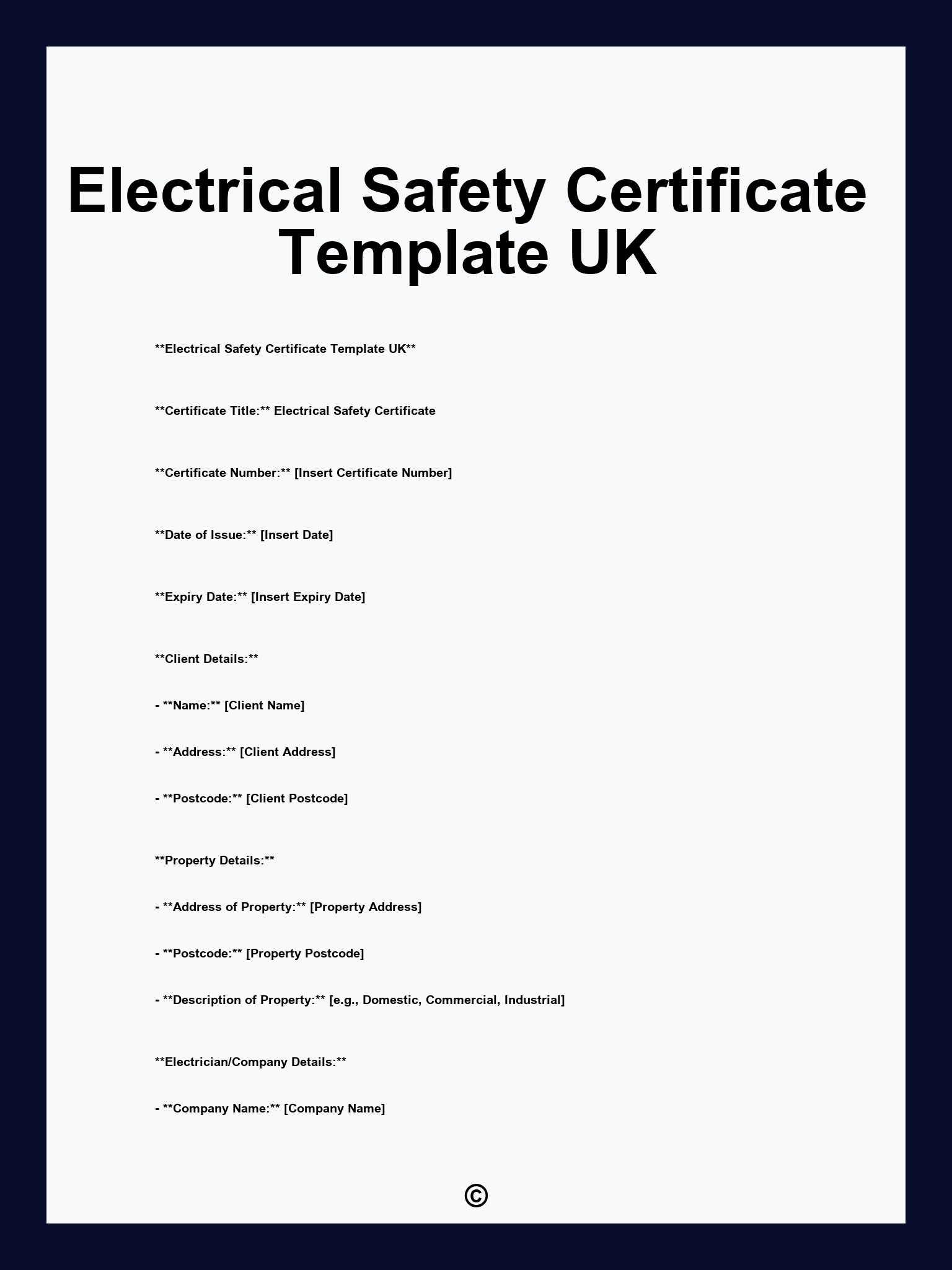 Electrical Safety Certificate Template UK