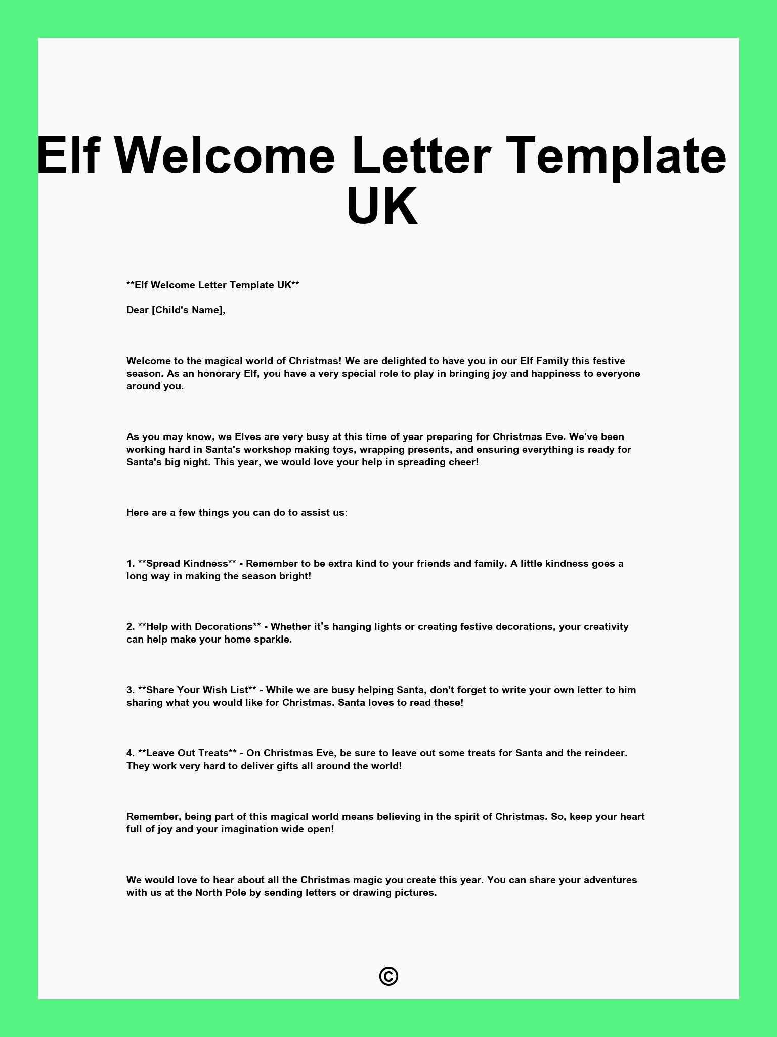 Elf Welcome Letter Template UK
