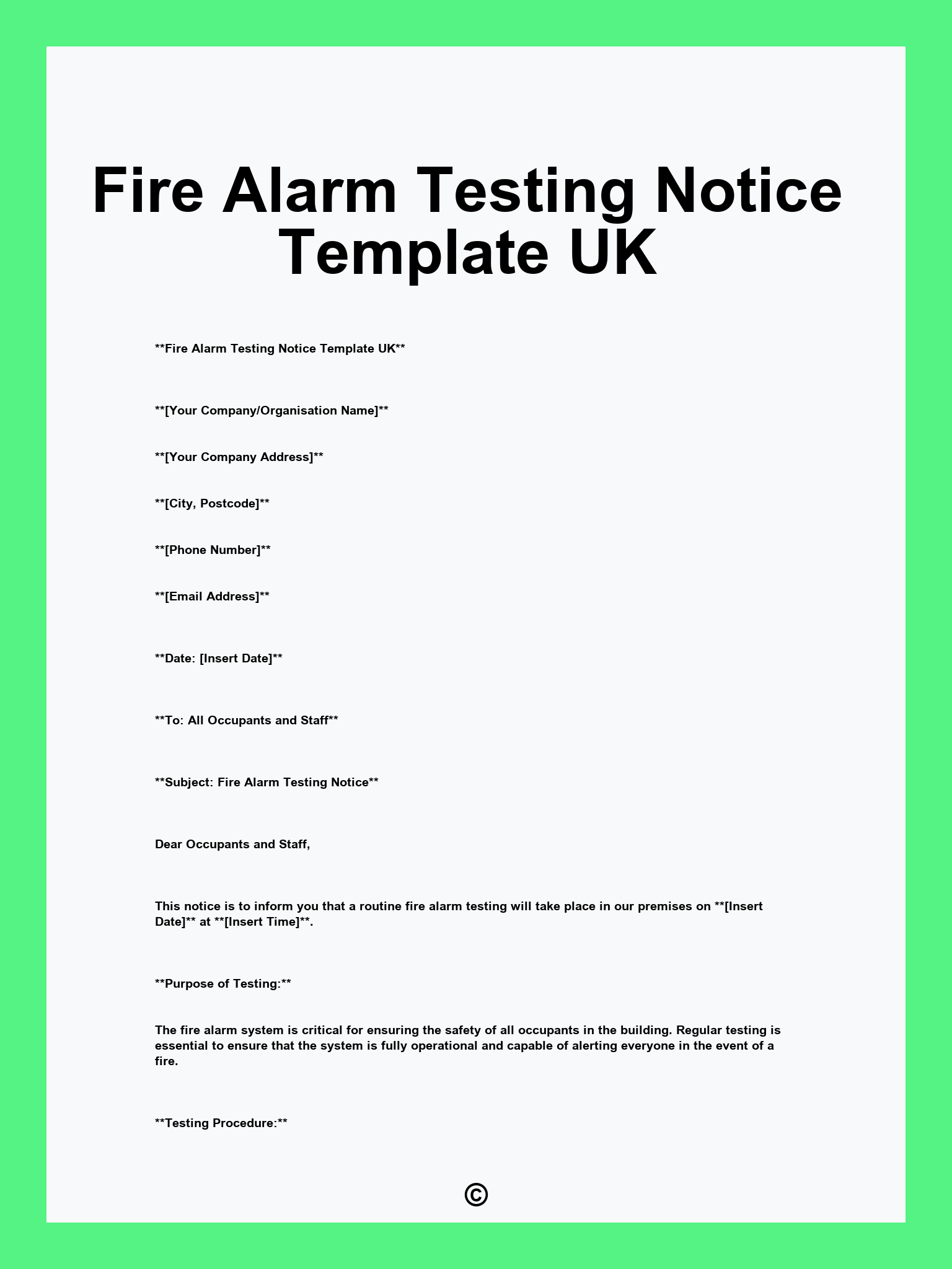 Fire Alarm Testing Notice Template UK