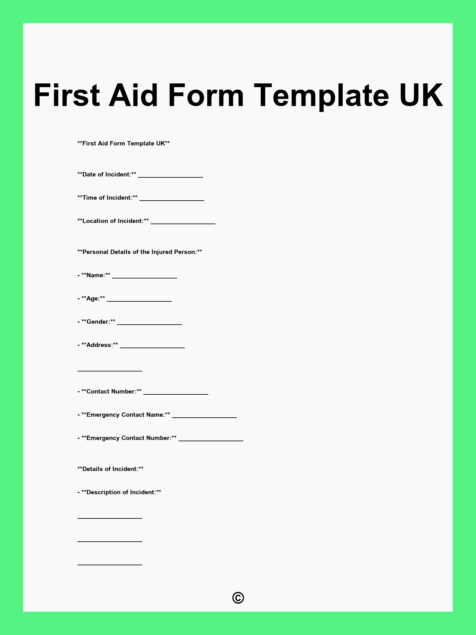 First Aid Form Template UK