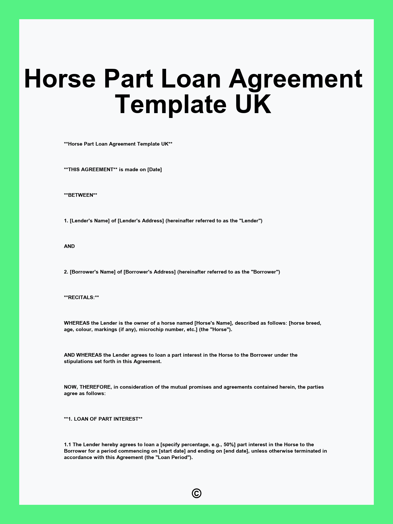 Horse Part Loan Agreement Template UK