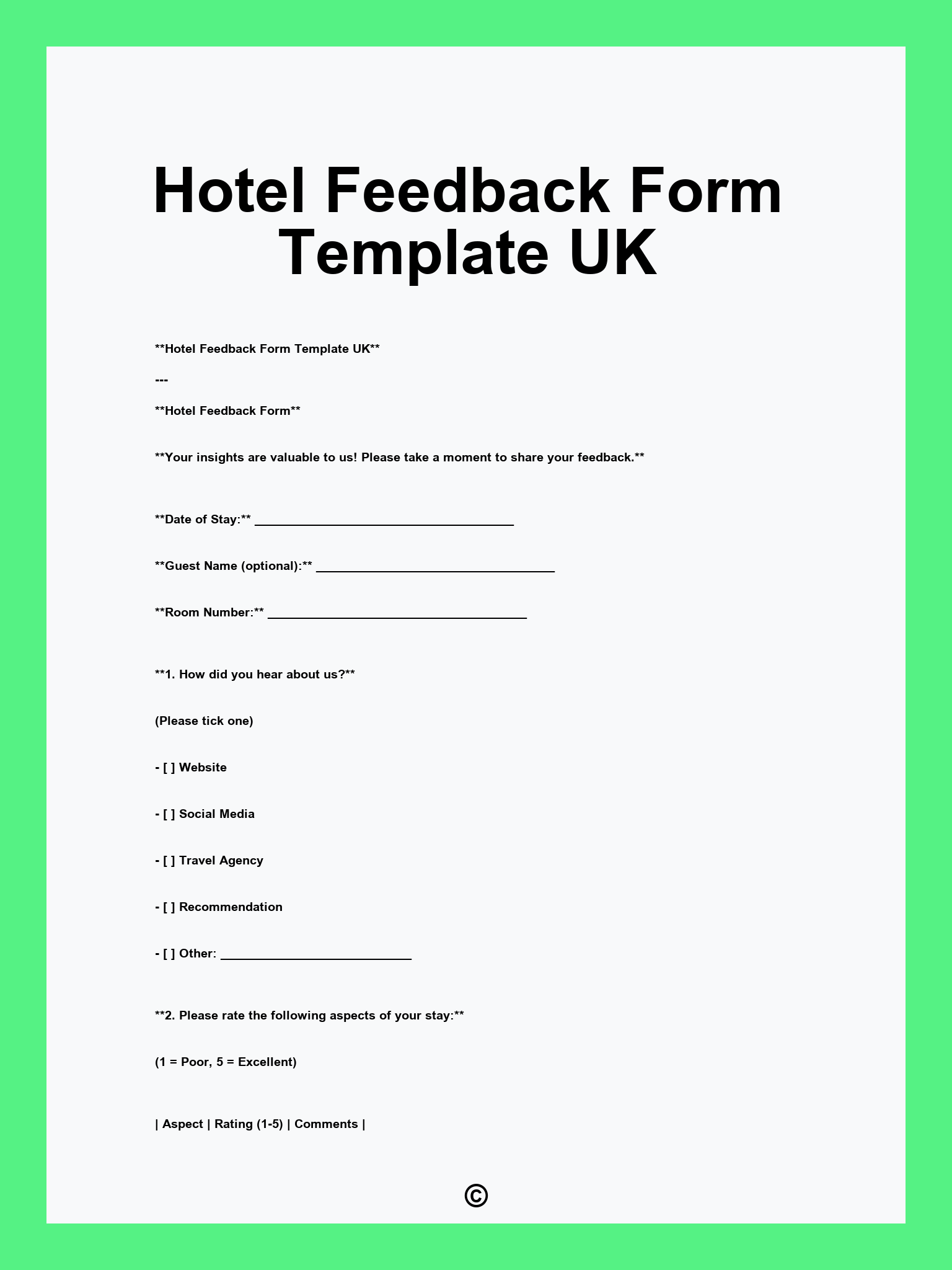 Hotel Feedback Form Template UK