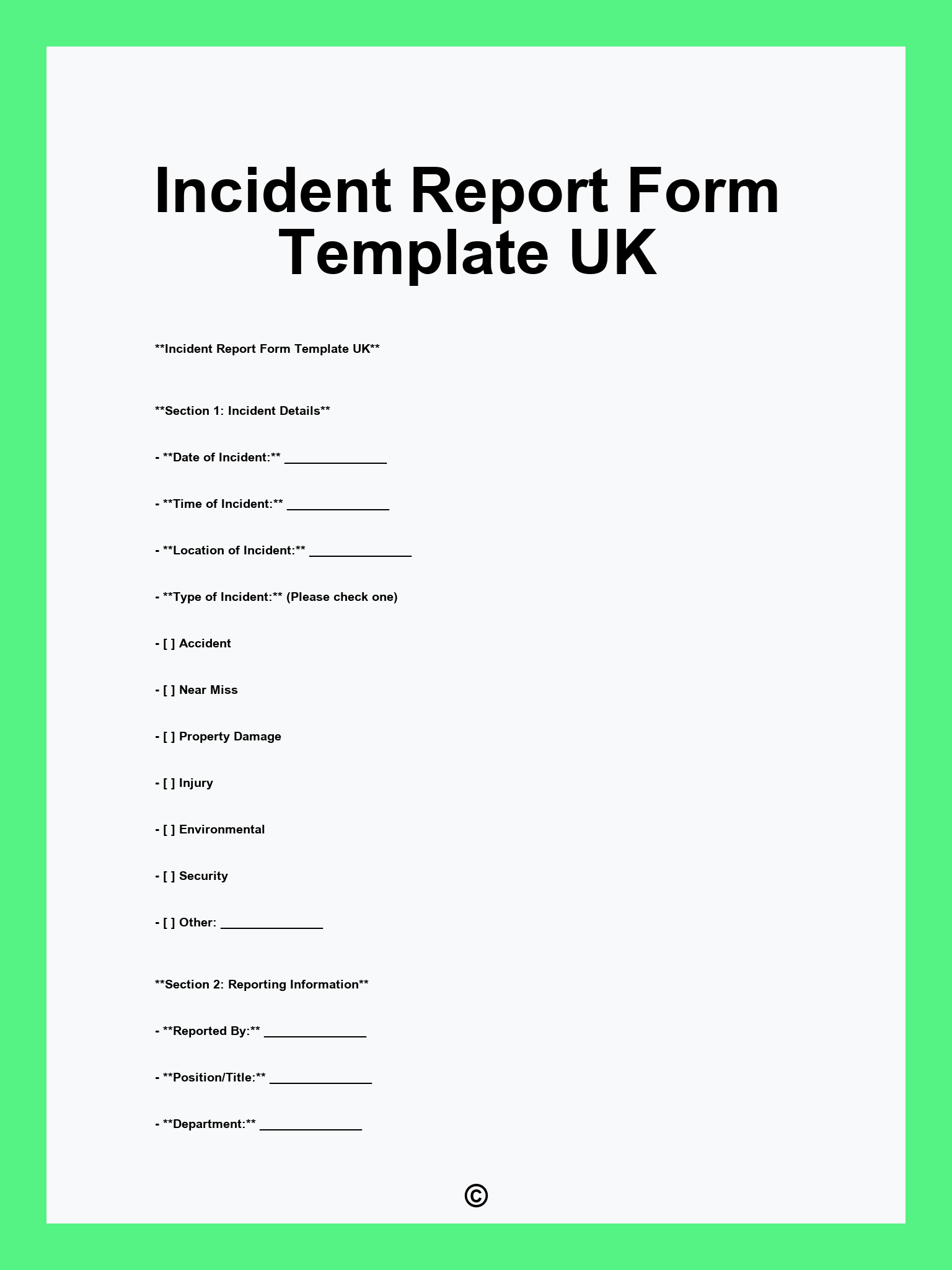 Incident Report Form Template UK
