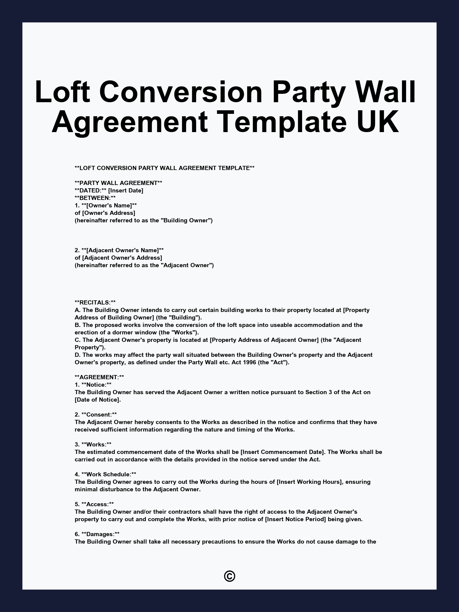 Loft Conversion Party Wall Agreement Template UK