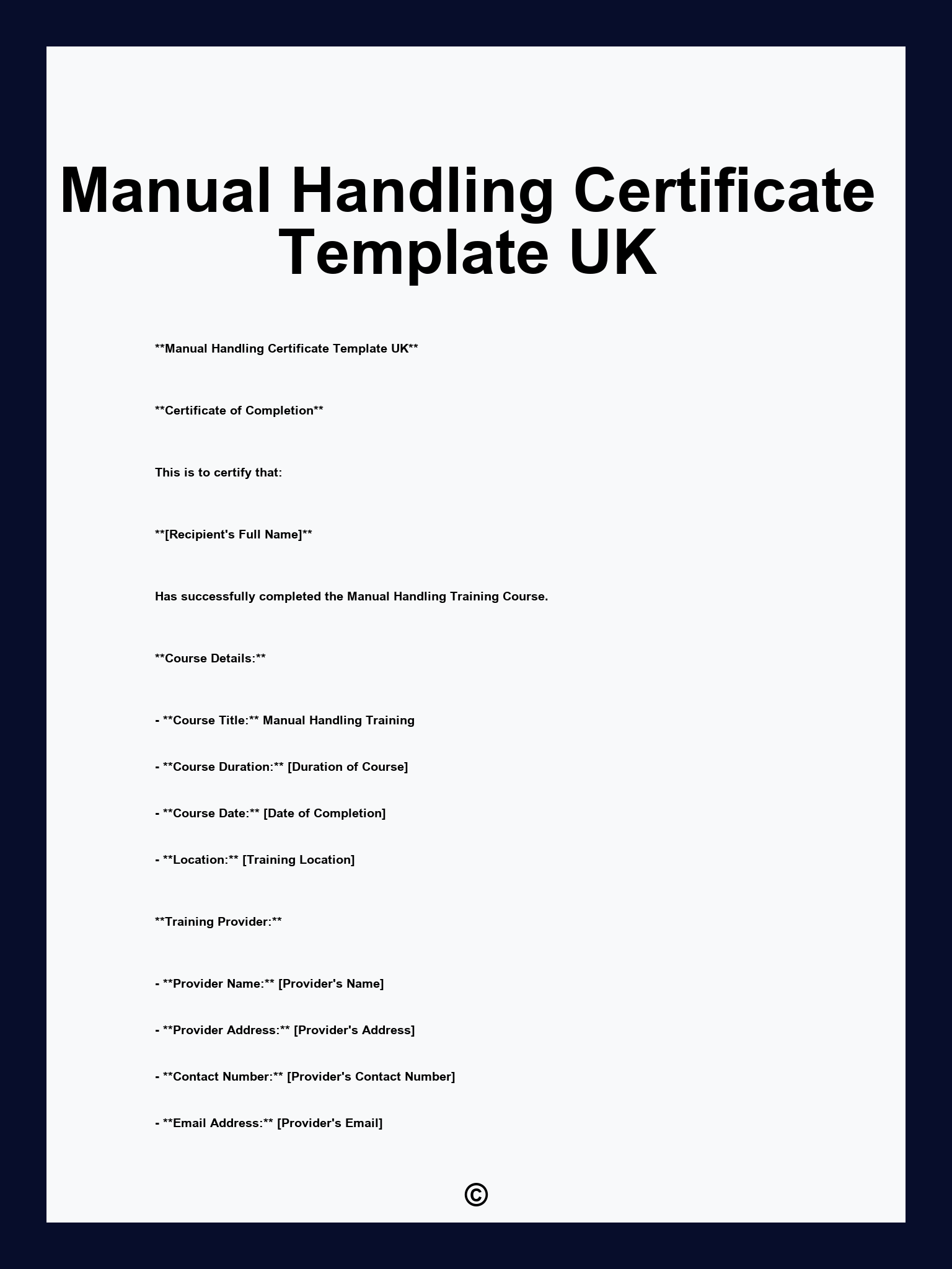 Manual Handling Certificate Template UK