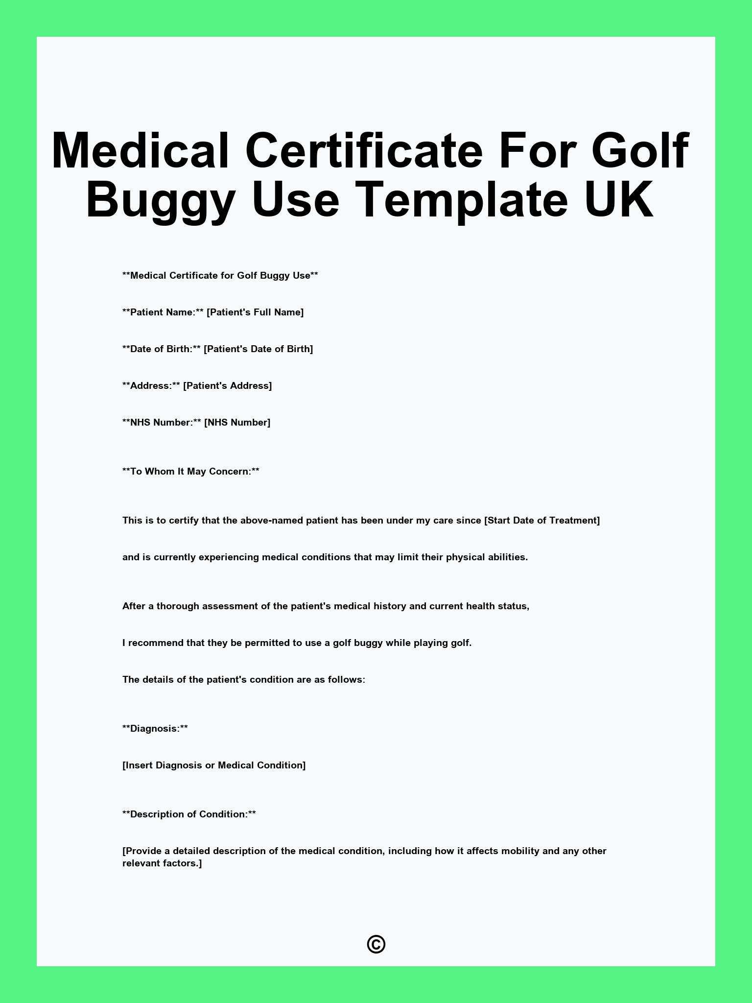 Medical Certificate For Golf Buggy Use Template UK