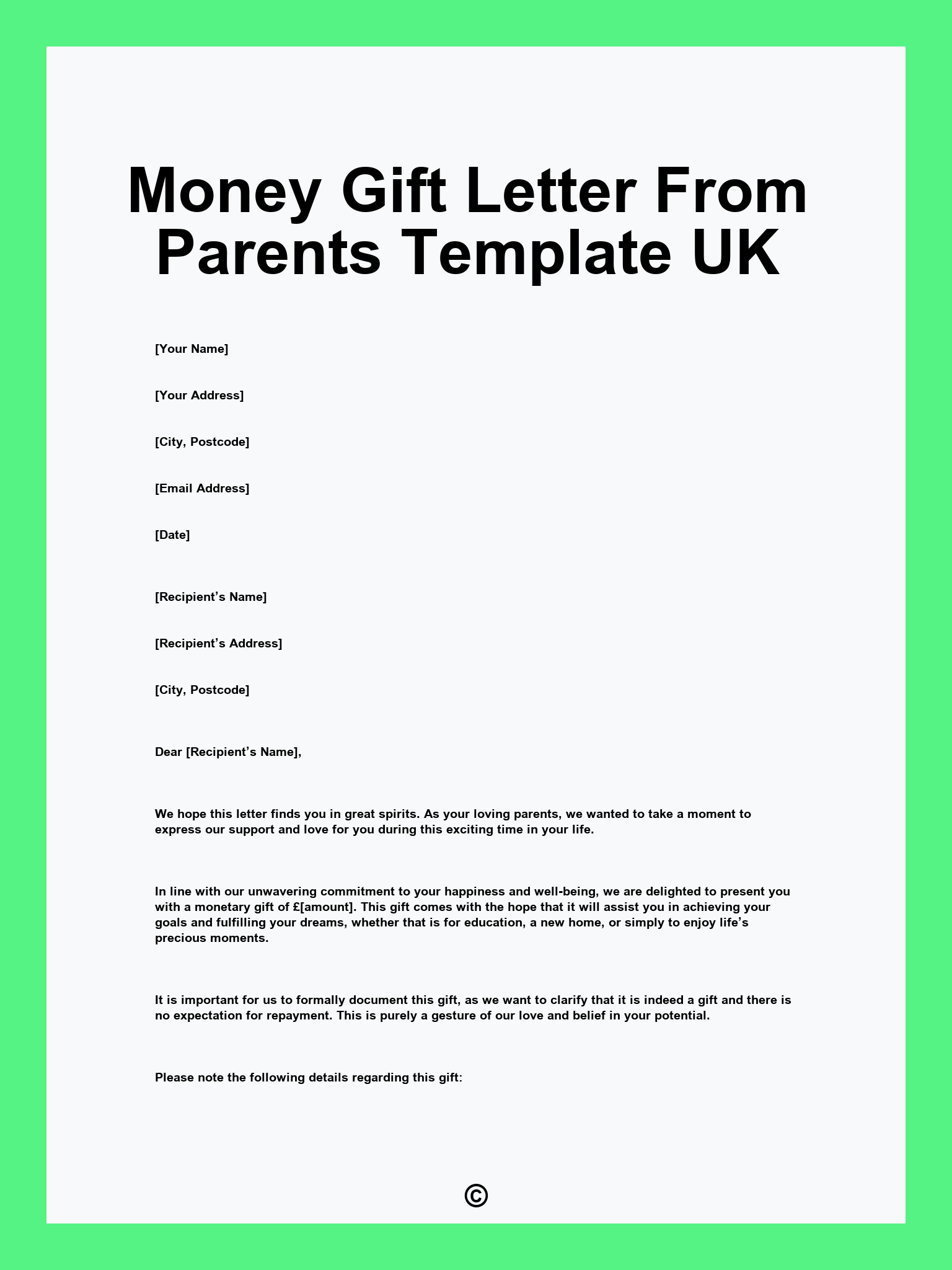 Money Gift Letter From Parents Template UK