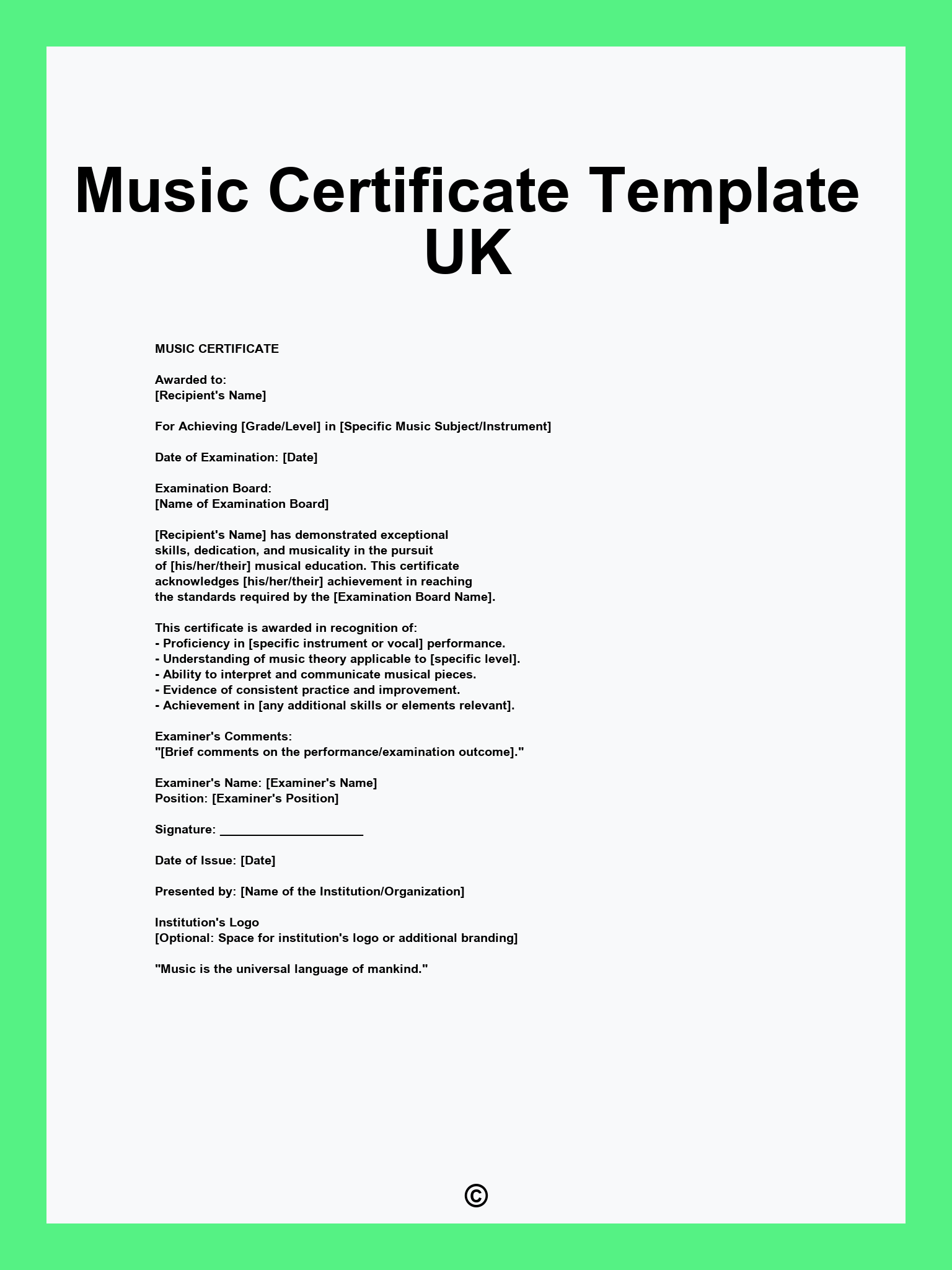 Music Certificate Template UK