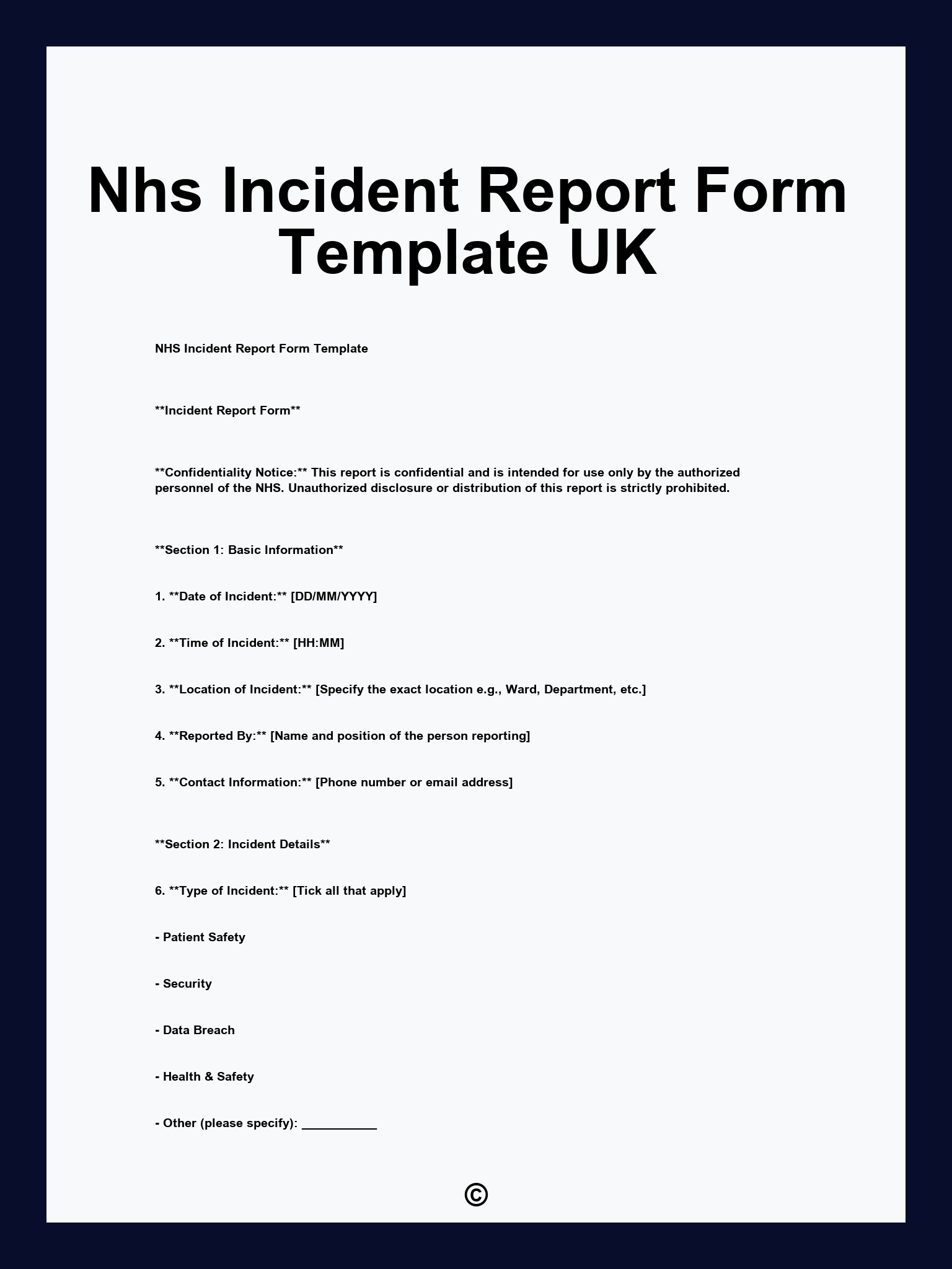 Nhs Incident Report Form Template UK