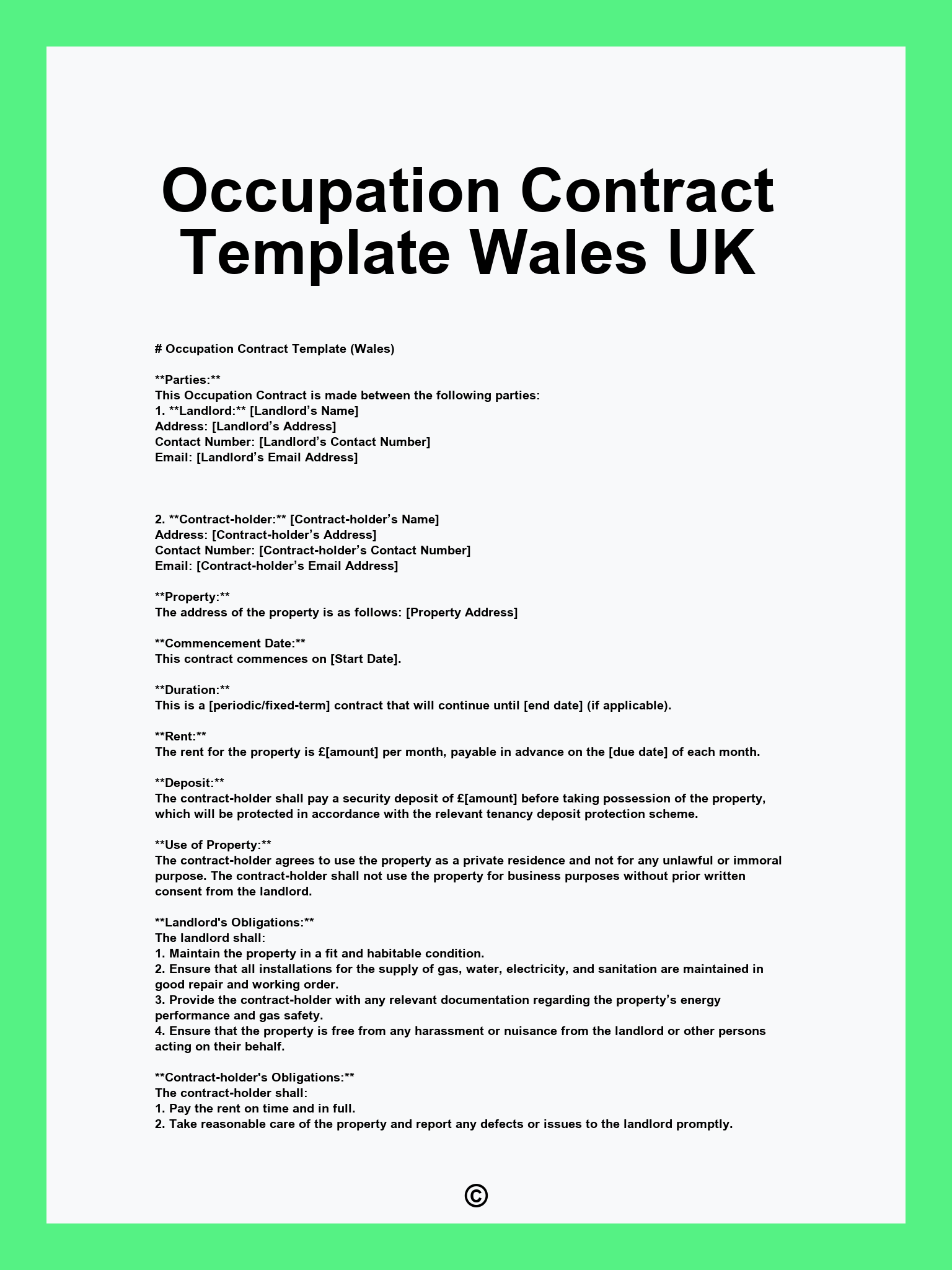 Occupation Contract Template Wales UK