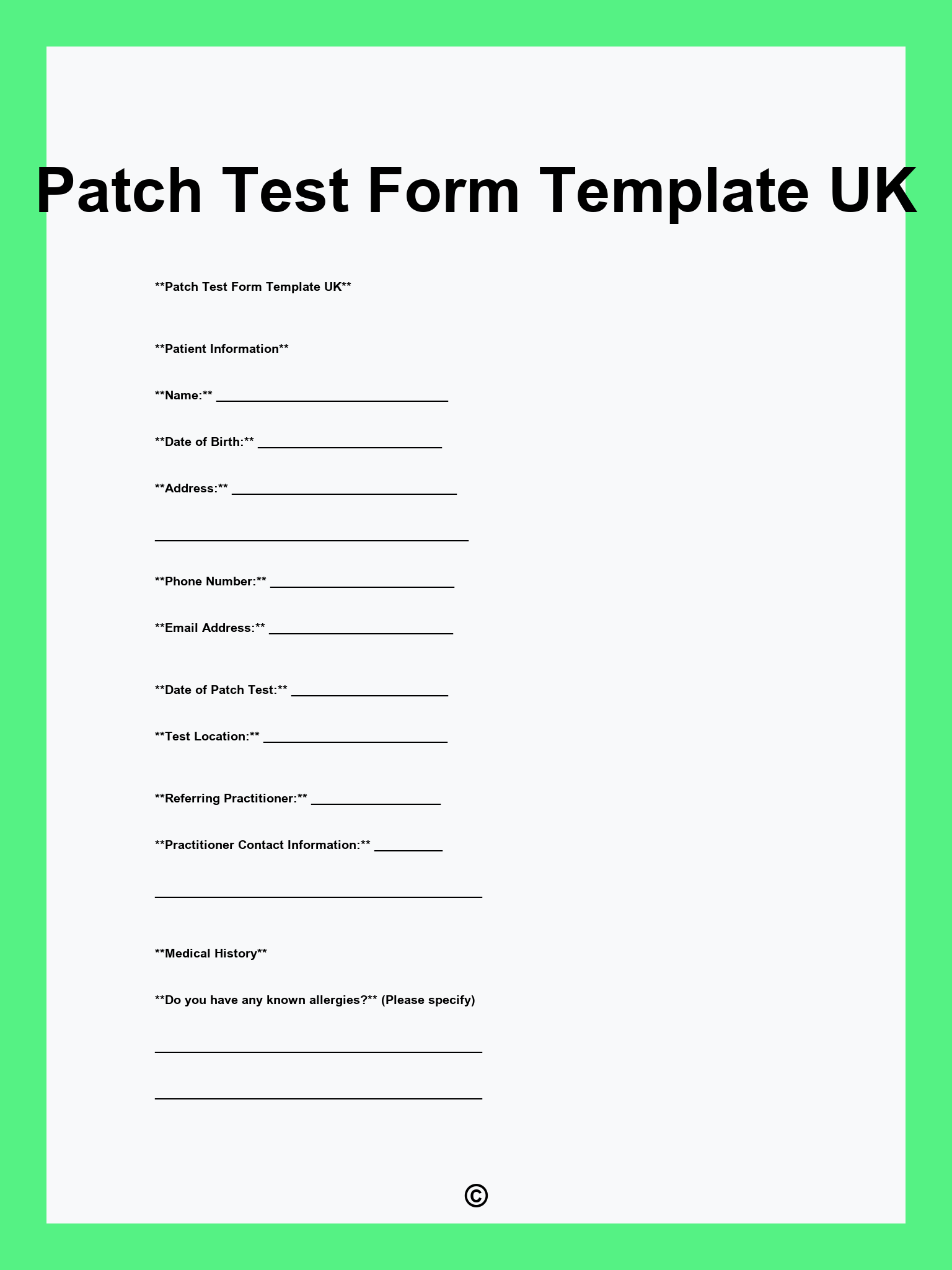 Patch Test Form Template UK