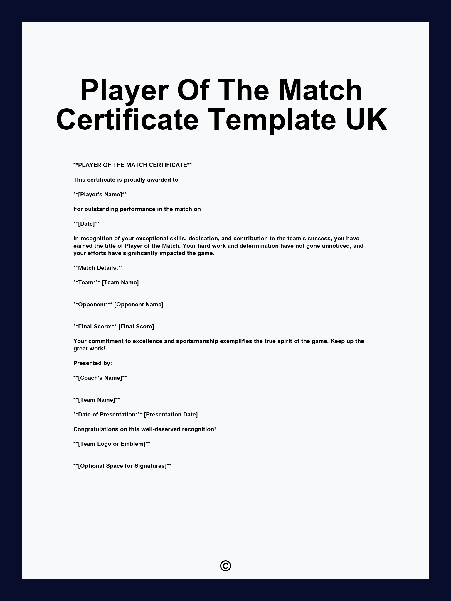 Player Of The Match Certificate Template UK
