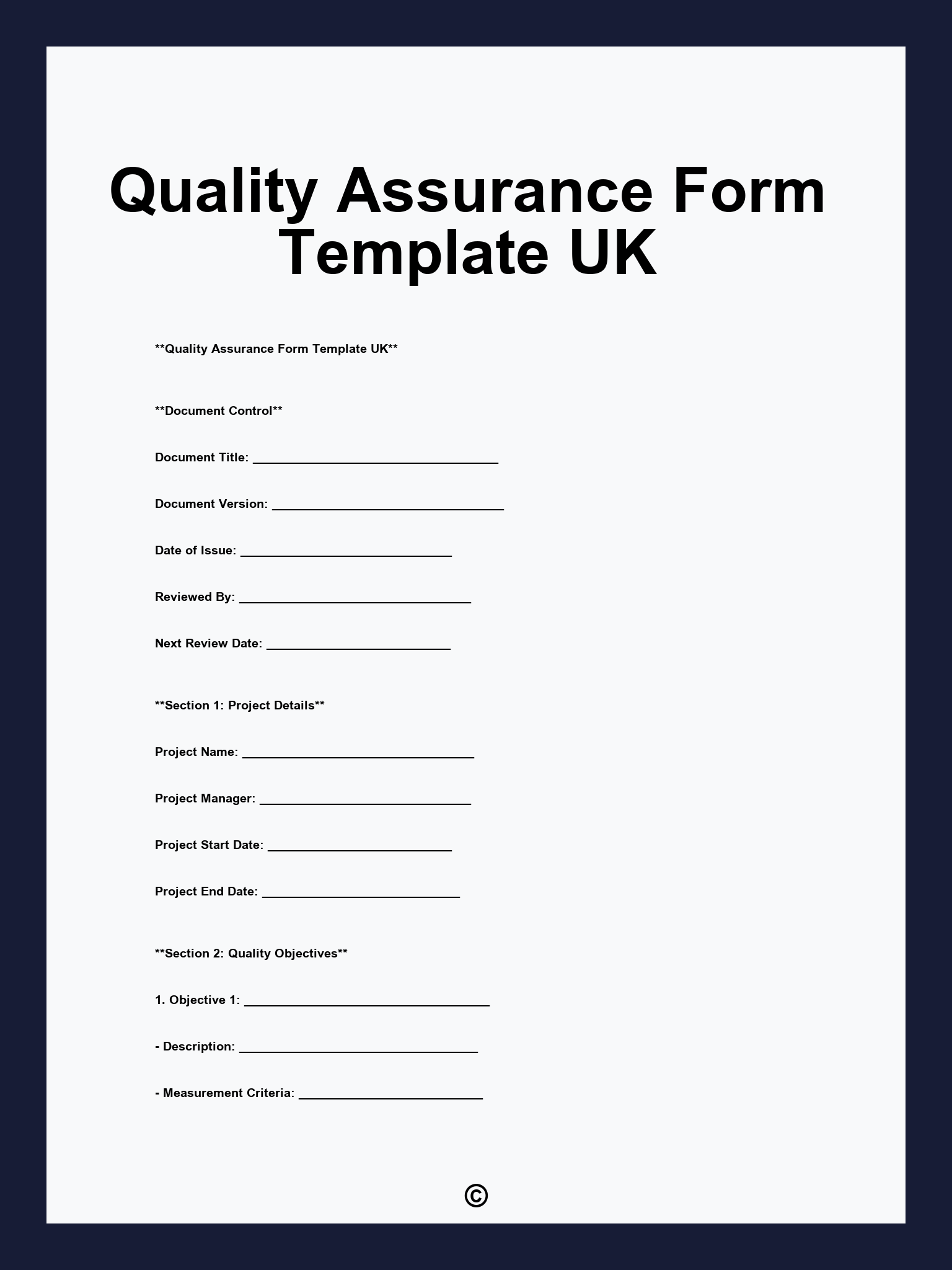 Quality Assurance Form Template UK