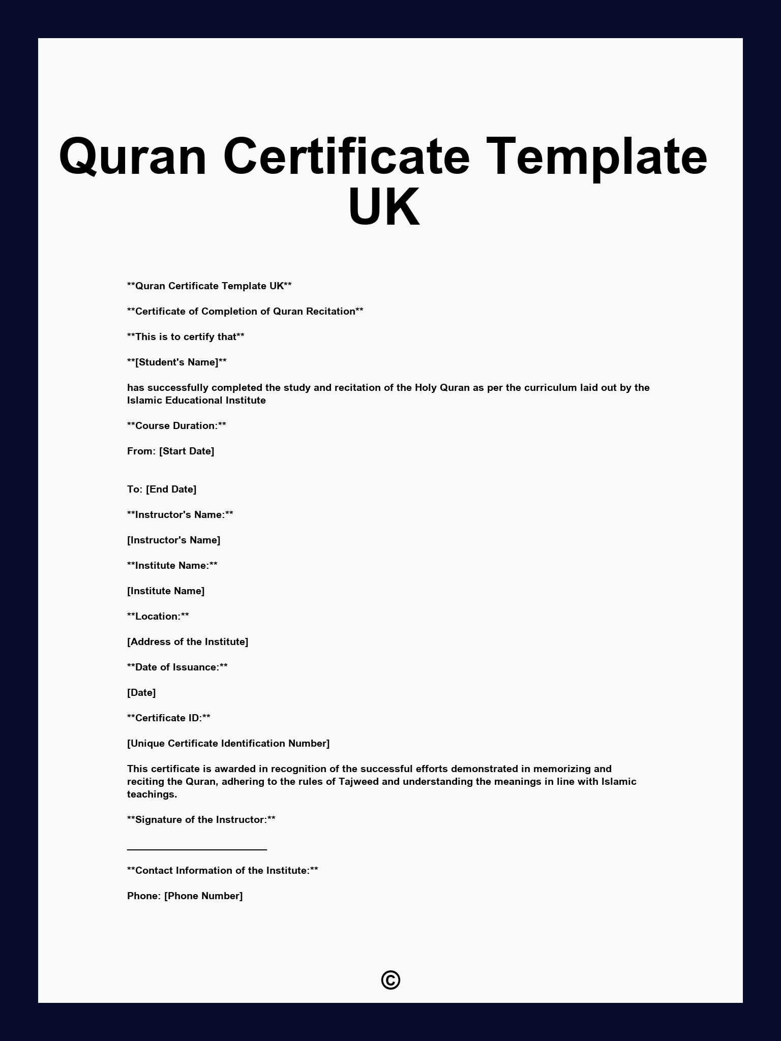 Quran Certificate Template UK
