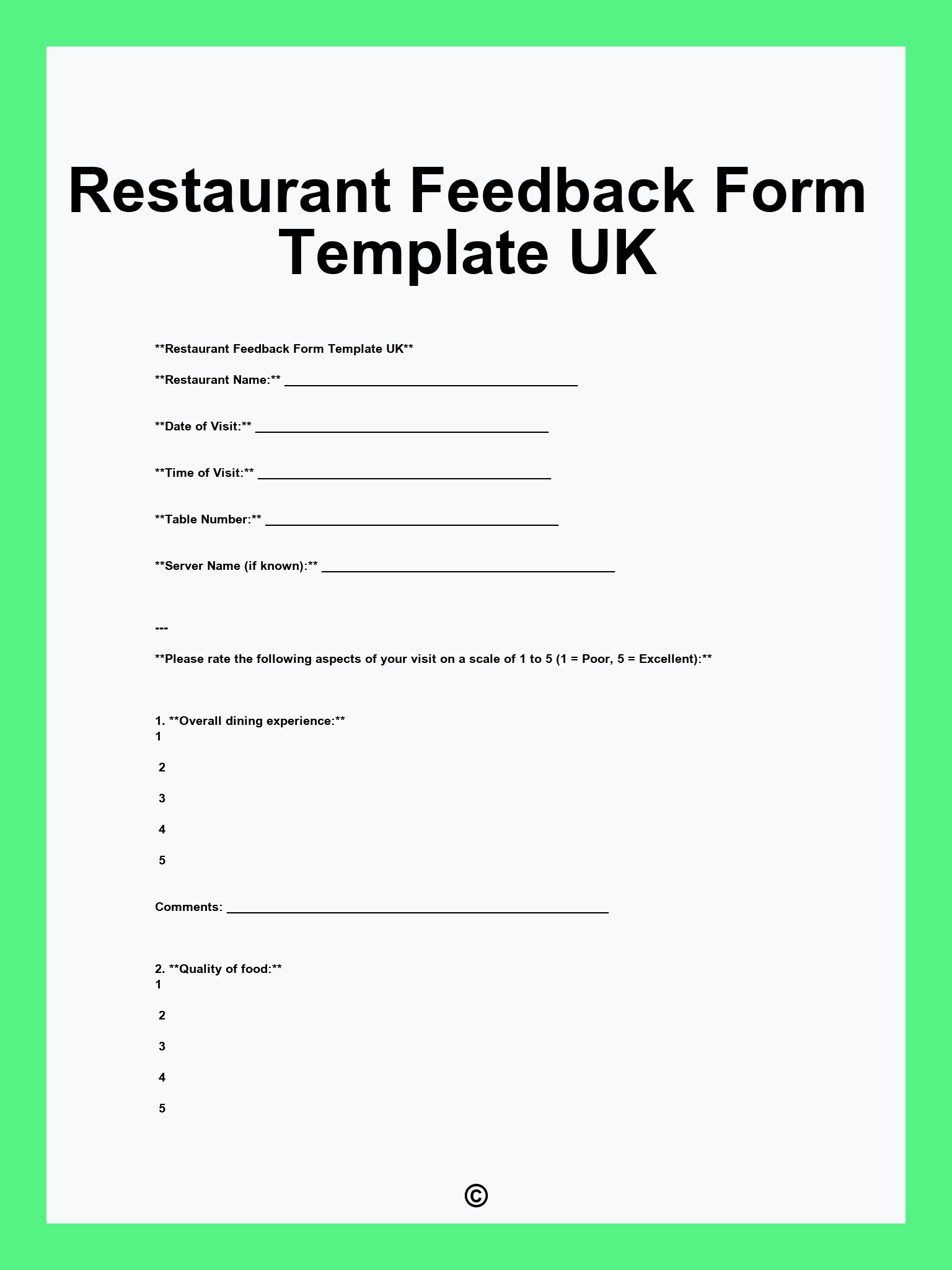 Restaurant Feedback Form Template UK