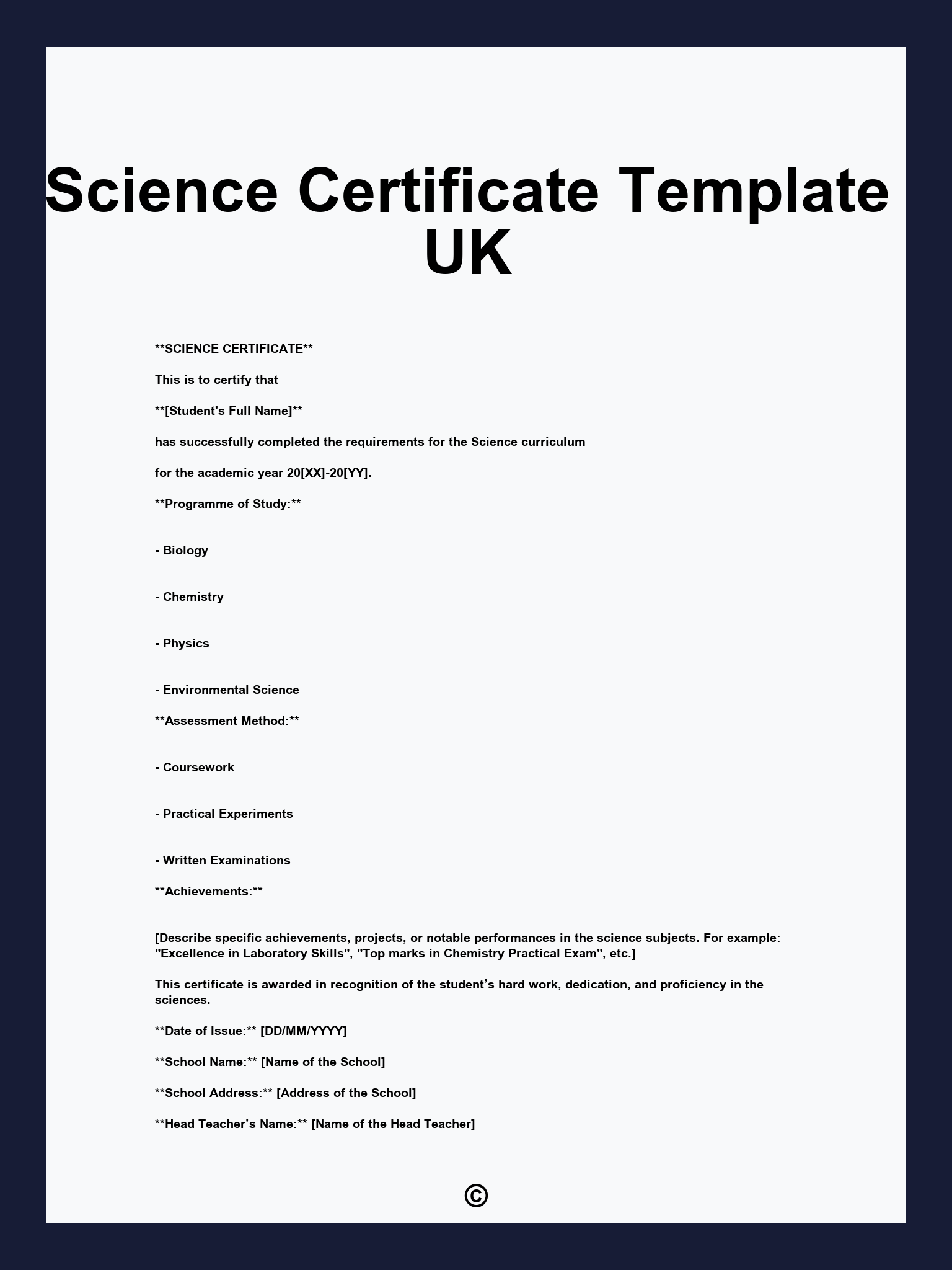 Science Certificate Template UK