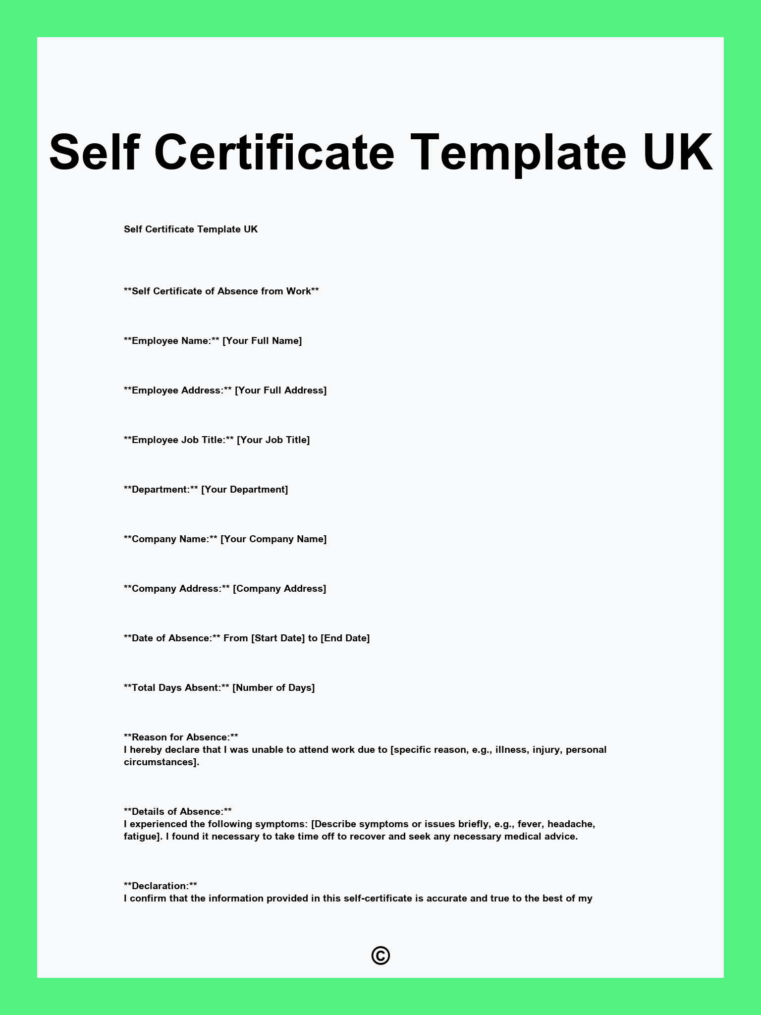 Self Certificate Template UK