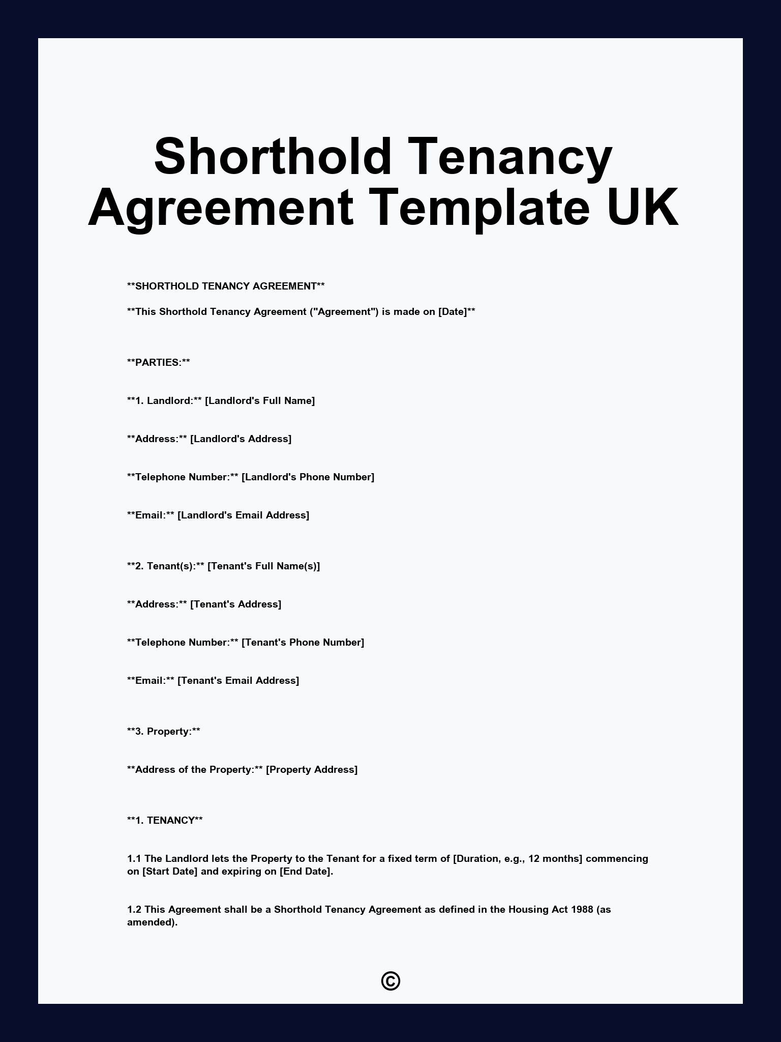 Shorthold Tenancy Agreement Template UK
