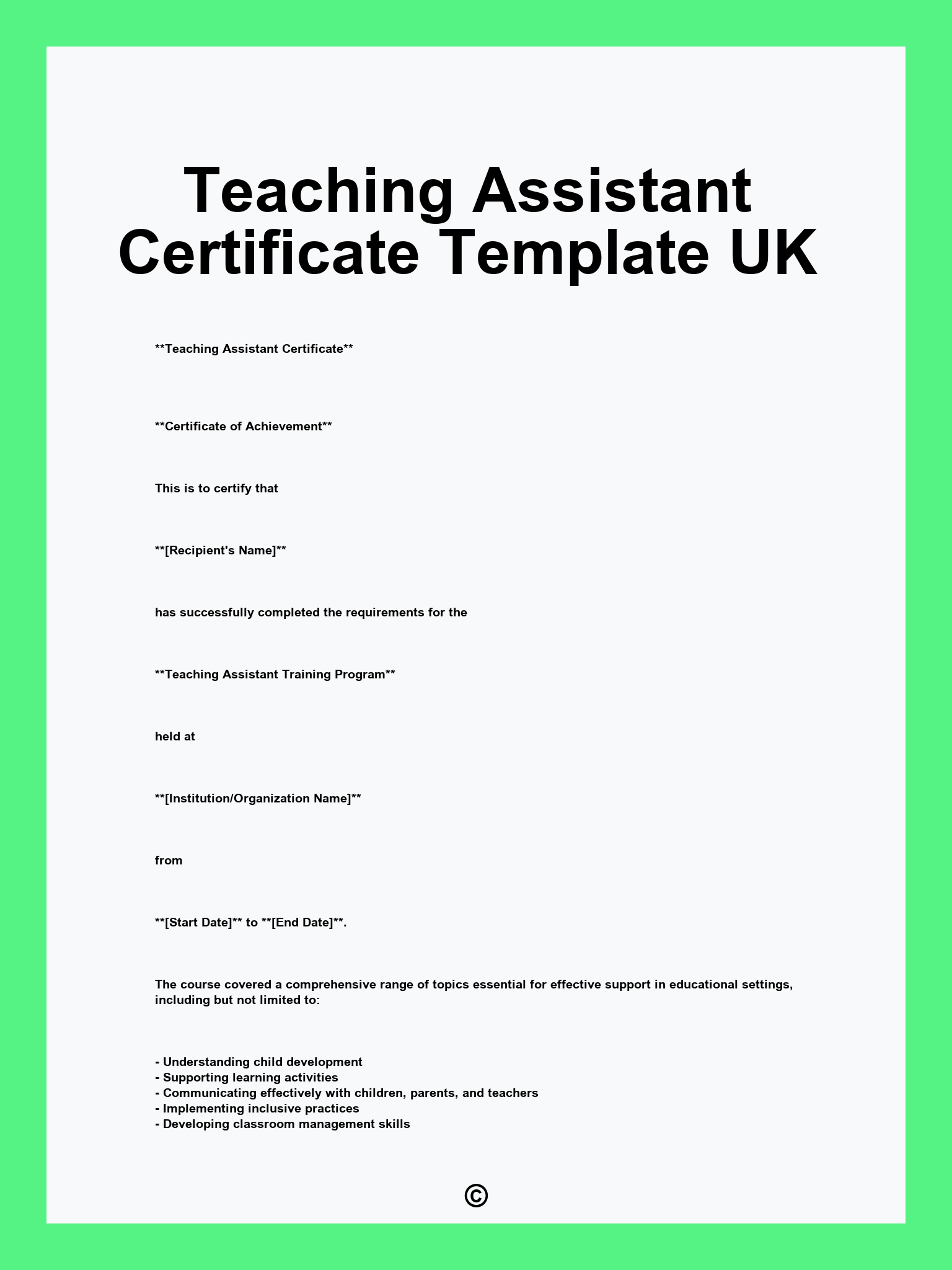 Teaching Assistant Certificate Template UK