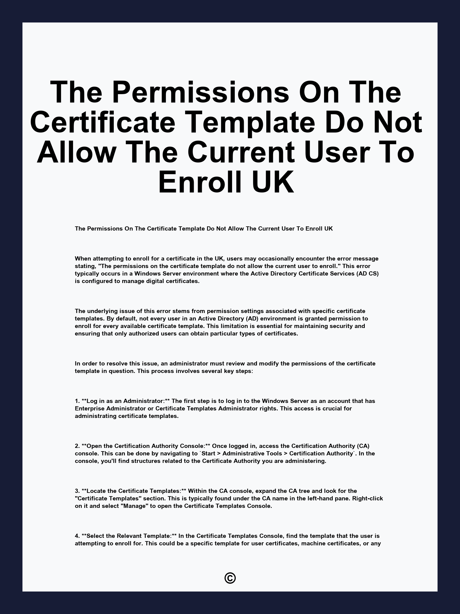 The Permissions On The Certificate Template Do Not Allow The Current User To Enroll UK