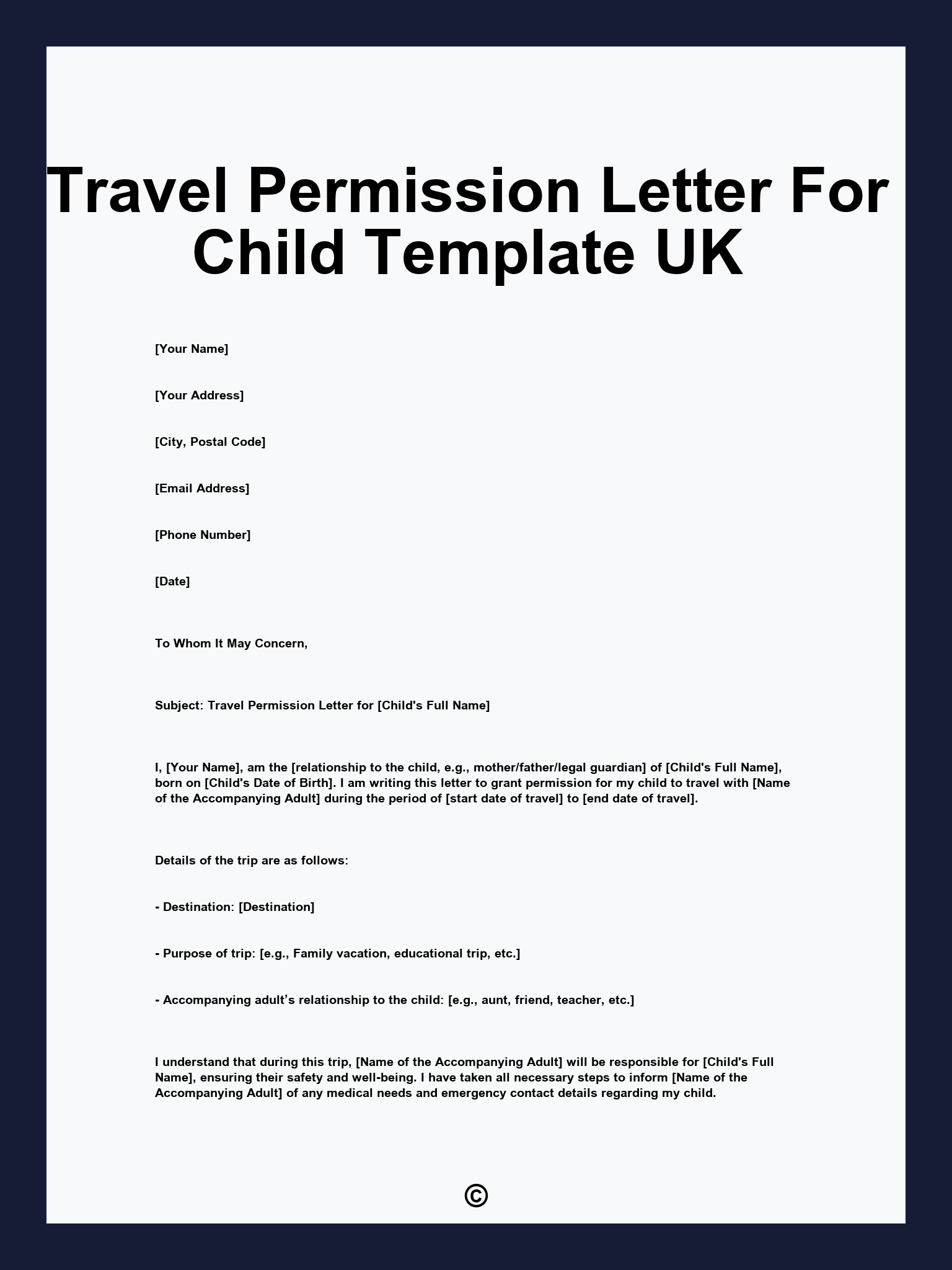 Travel Permission Letter For Child Template UK