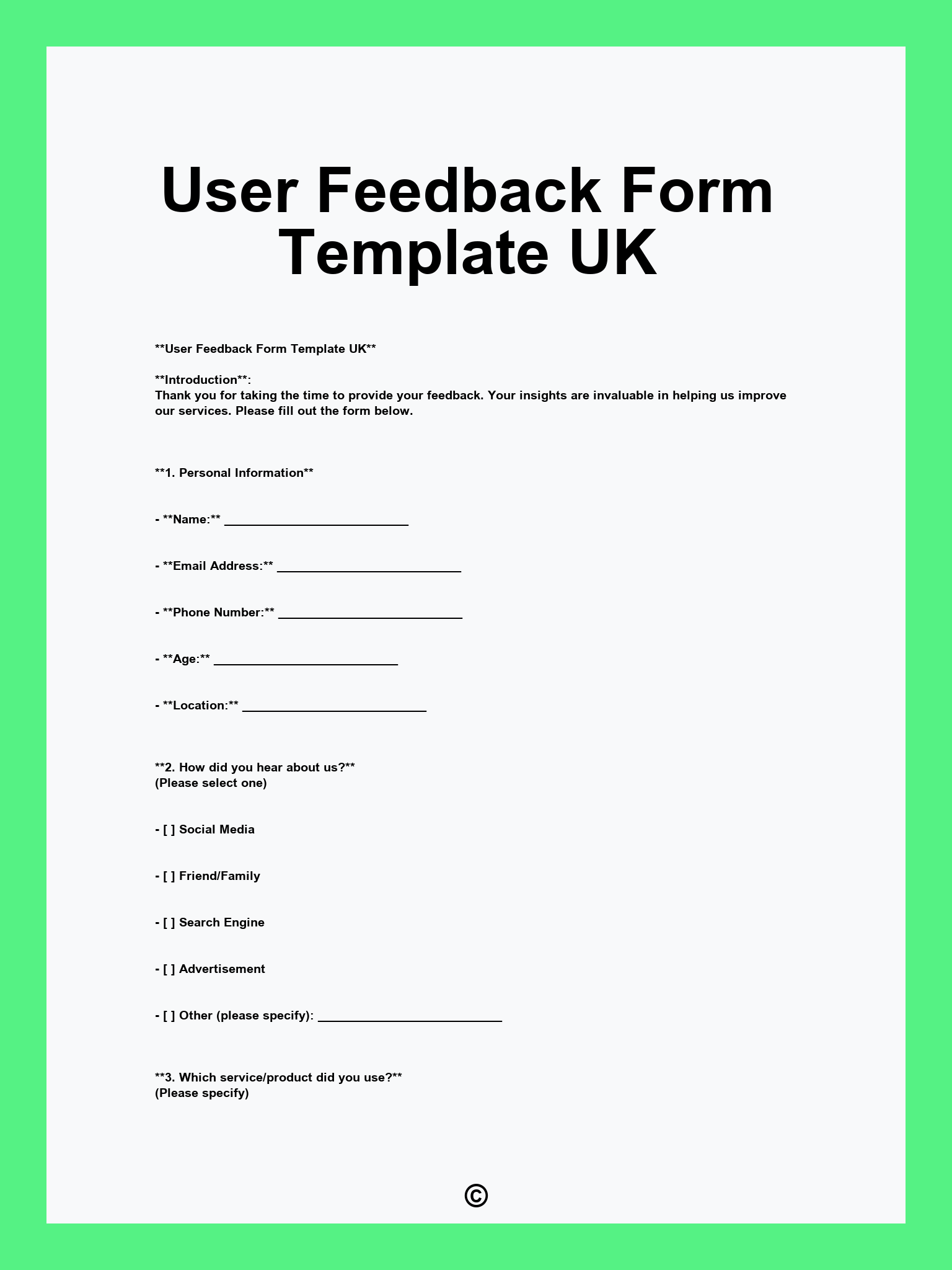User Feedback Form Template UK
