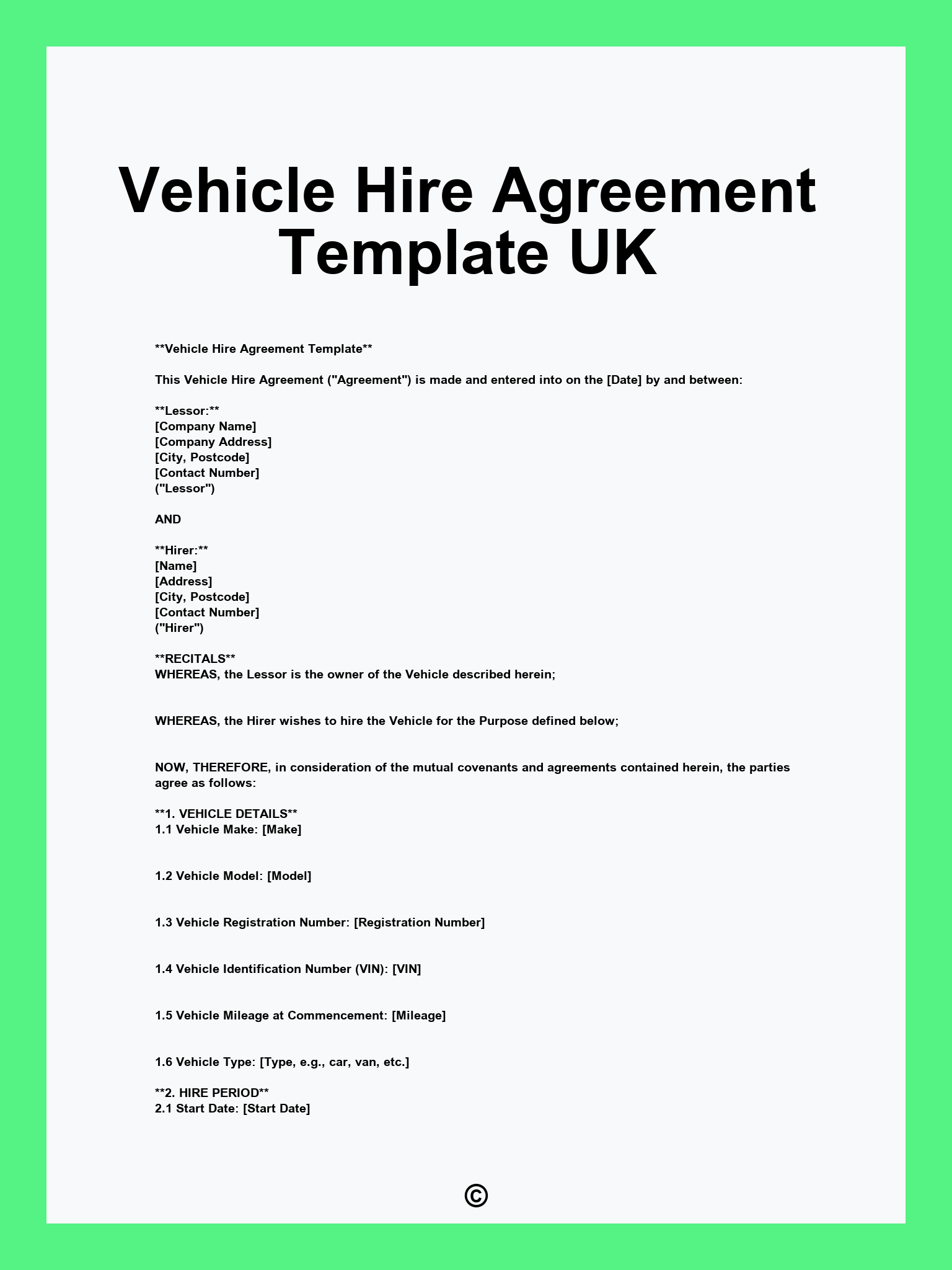 Vehicle Hire Agreement Template UK